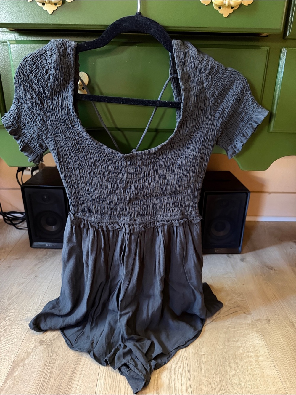 Urban Outfitters Smocked Short Sleeve Romper in Charcoal